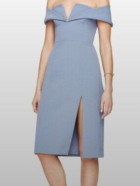 BCBGMAXAZRIA Slate Blue Off-Shoulder Sheath Midi Dress Size 4 Cocktail NWT